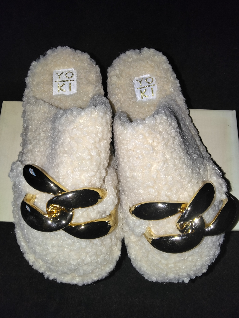 Yoki Women's Cream Sherpa Slide Sandals with Gold Chain Accent